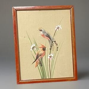 Vintage Feather Bird Pair Art Framed Mid Century Nature Scene Wall Folk Art Cute